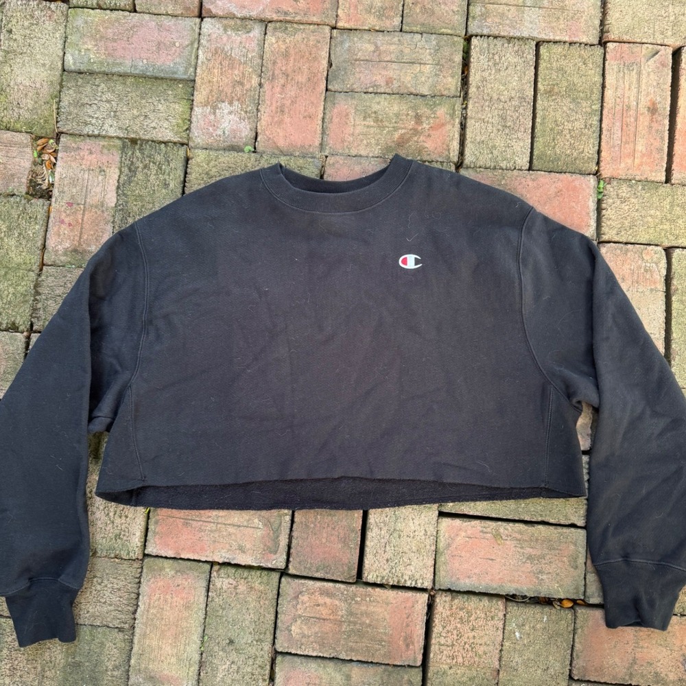 Champion Reverse Weave Cropped Sweatshirt Black XL Raw Hem Pullover Crewneckโ